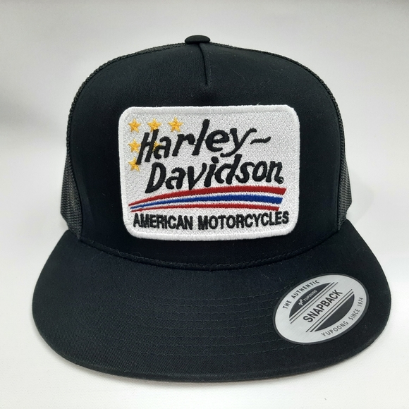 Vintage Harley Embroidered Patch Flat Bill Trucker Mesh Snapback Hat Cap Black - Picture 2 of 4